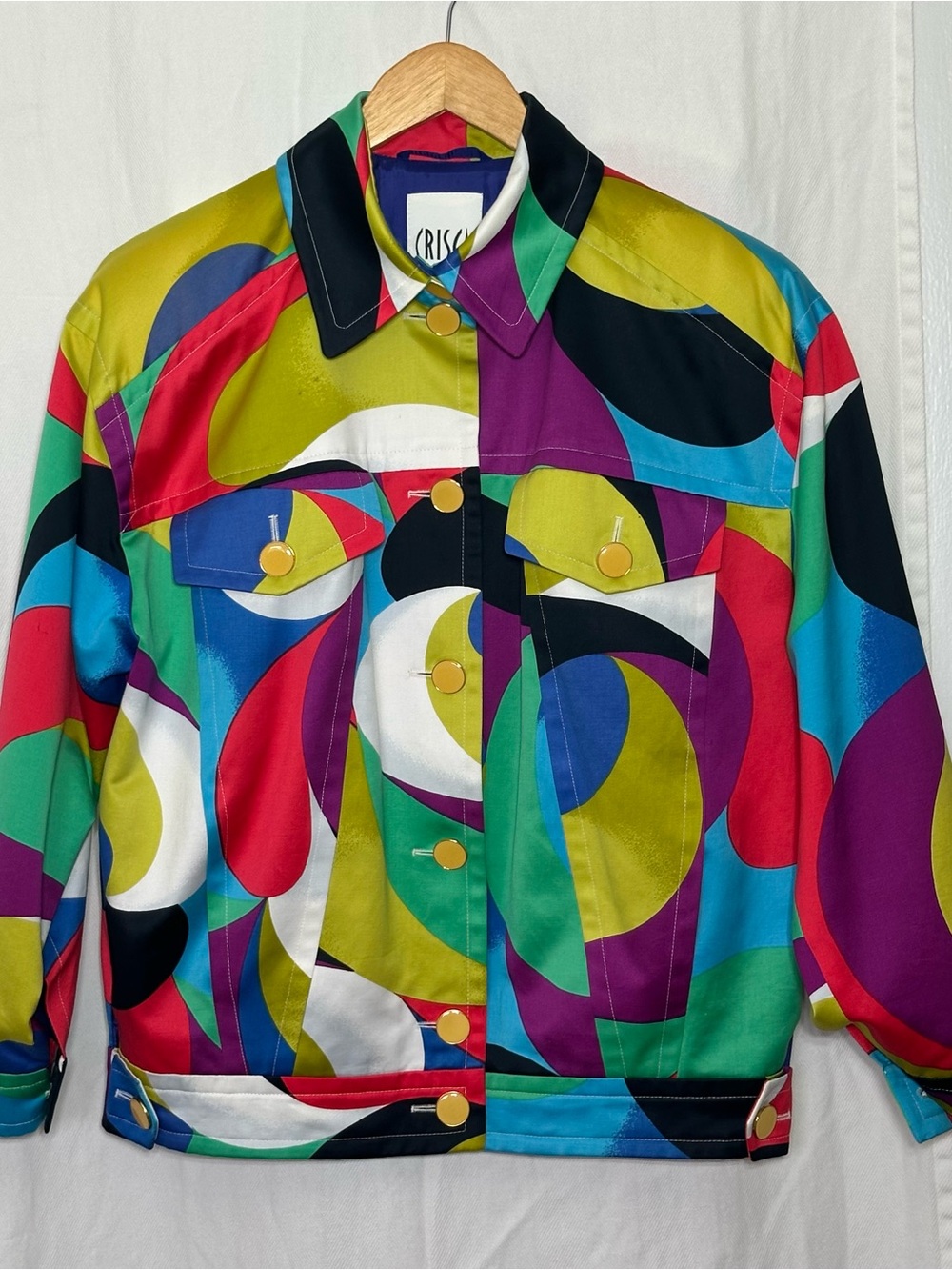 Crisca 1990s Artsy Button-Up Jacket Multicolor Abstract- Bold Graphic Pattern